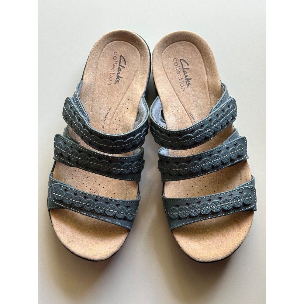Clarks Laurieann Cove Blue Leather Strappy Comfort Slide Sandals Women's Sz 5.5M